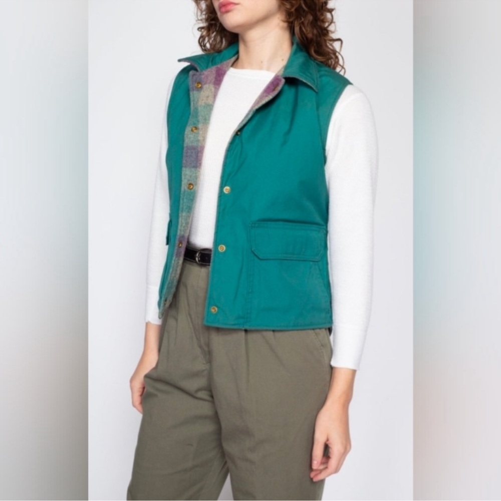 Vintage 80s Woolrich Reversible Vest Size Medium in Teal & Purple Plaid